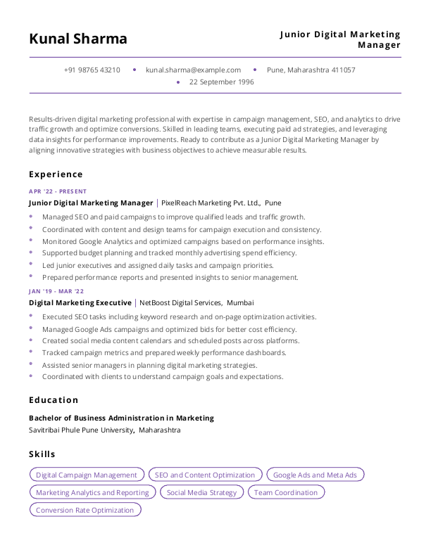 Junior Digital Marketing Manager Resume example to Download & Edit in Word