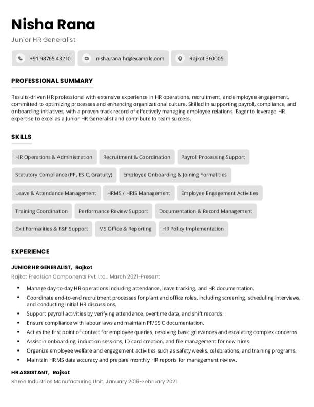 Junior HR Generalist Resume Format & Template in Word