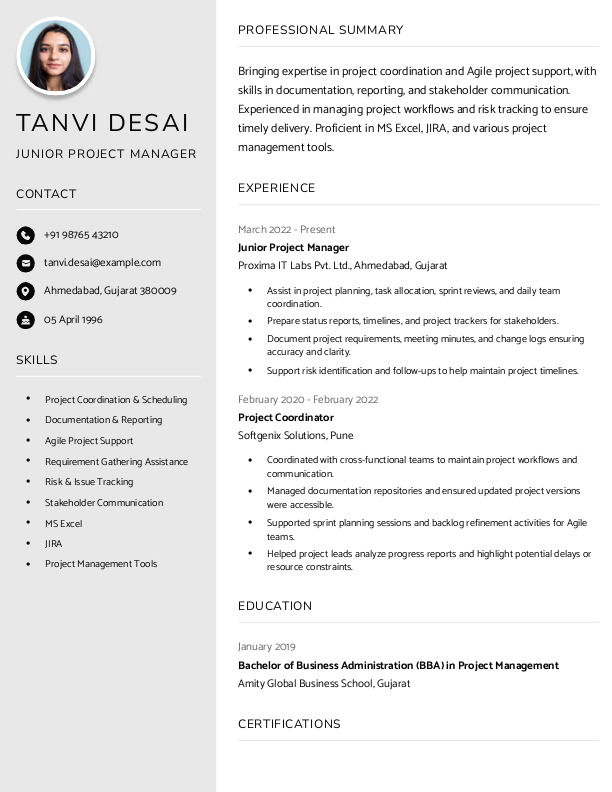 Junior Project Manager Resume Format and Template in Word