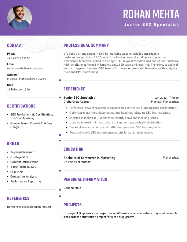 Junior SEO Specialist Resume example to Download & Edit in Word