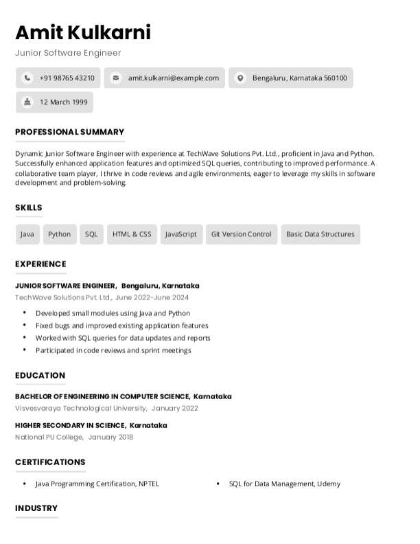 Junior Software Engineer Resume Format Free Download in Word