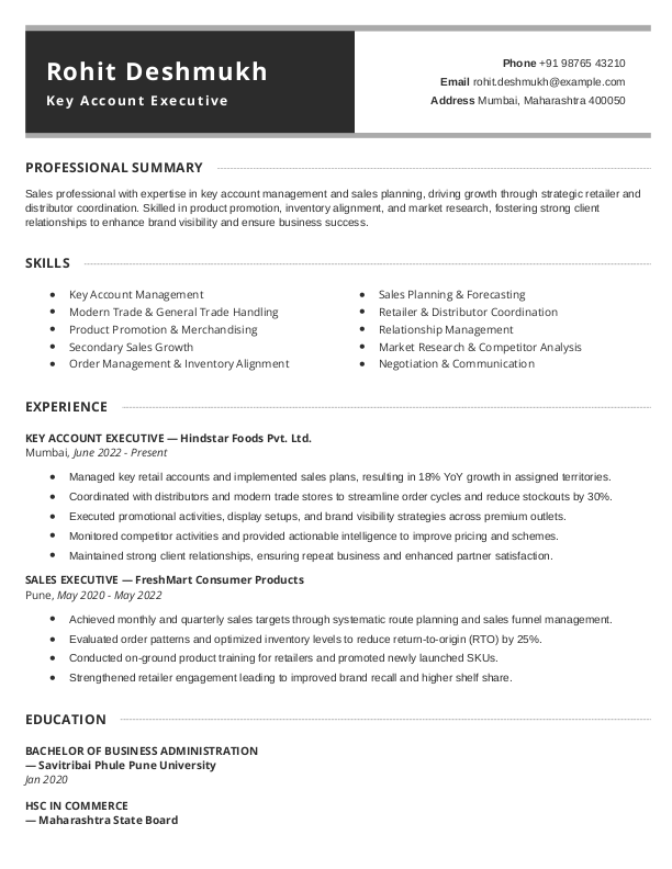 Key Account Executive -FMCG Resume Format and Template in Word