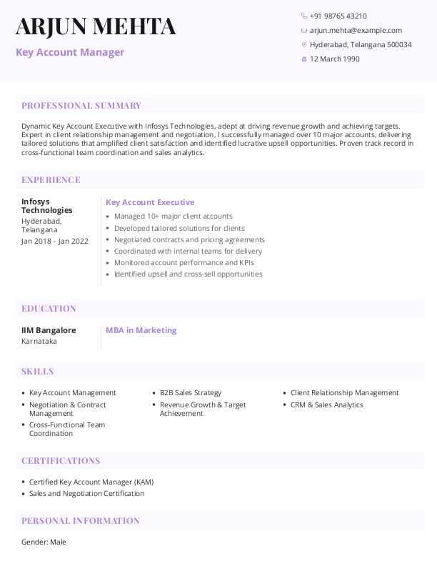 Key Account Manager Resume Format Free Download in Word