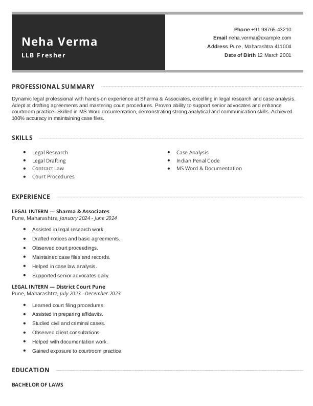 LLB Fresher Resume Format Free Download in Word