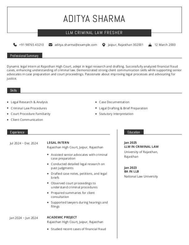 LLM Criminal Law Fresher Resume Format Free Download in Word