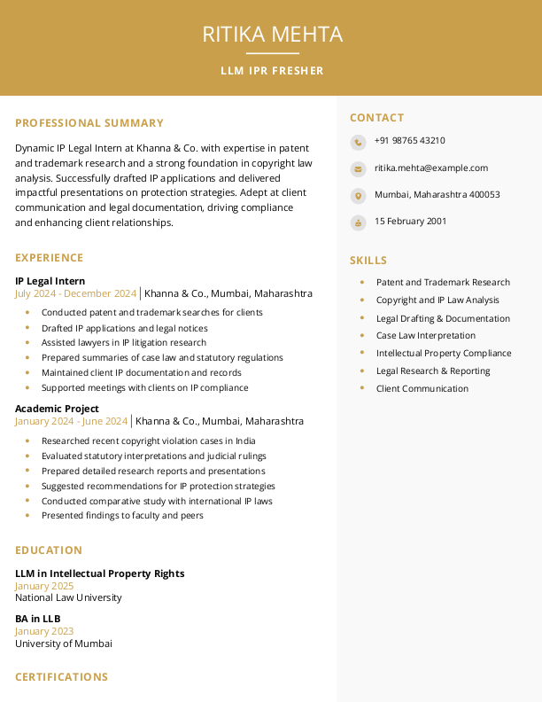 LLM IPR Fresher Resume Format Free Download in Word