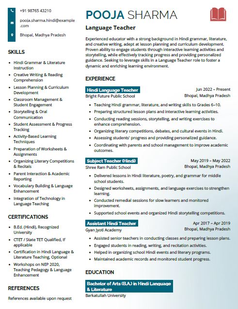 Language Teacher Free Resume Template and Example – Download in Word