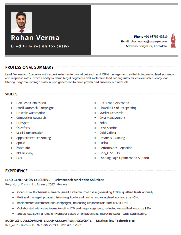 Lead generation executive resume template in marketing