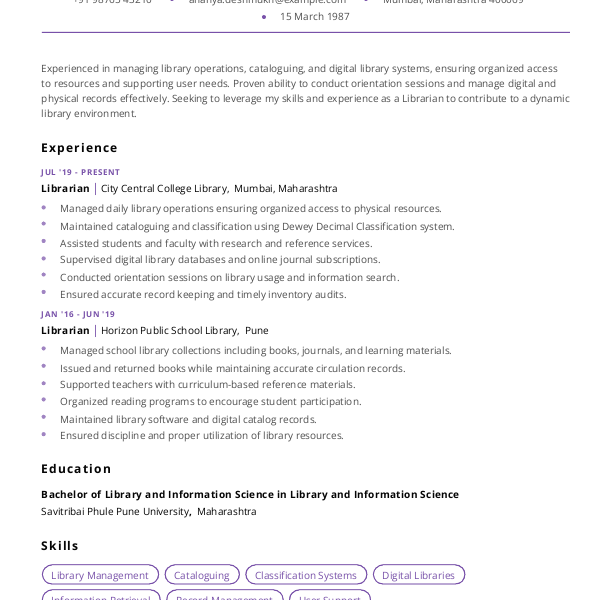 Librarian Resume example to Download & Edit in Word