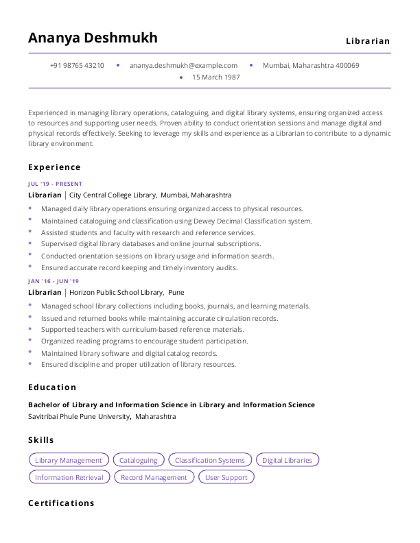 Librarian Resume example to Download & Edit in Word