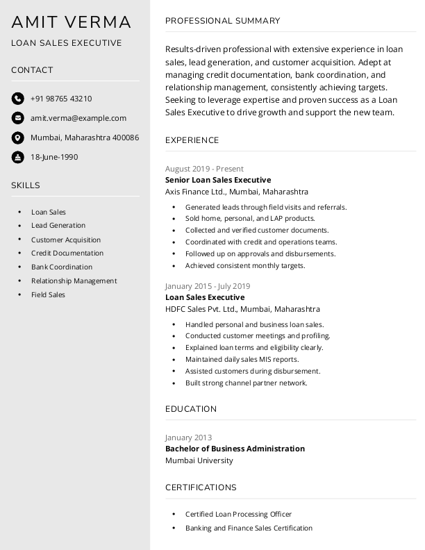 Loan Sales Executive Resume format to Download & Edit in Word