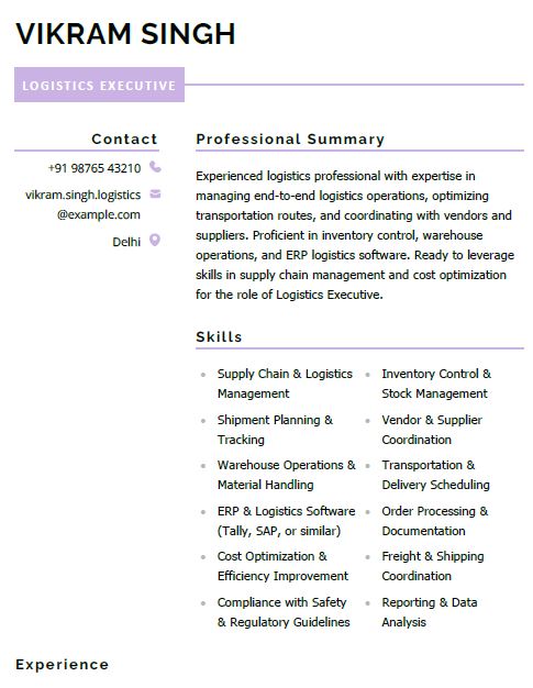 Logistics Executive Free Resume Template and Example– Download in Word