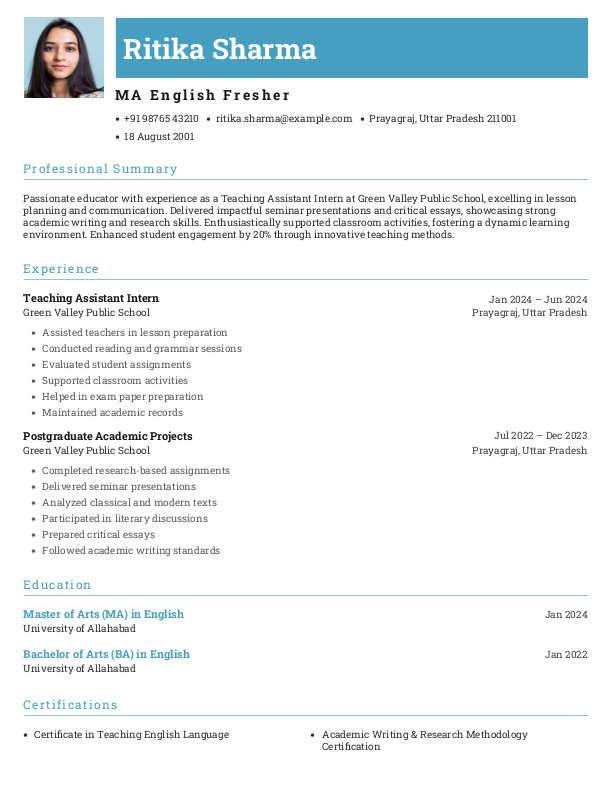 MA English Fresher Resume Format Free Download in Word