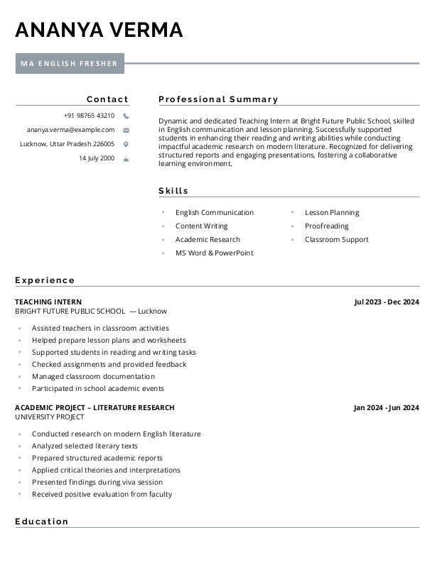 MA English fresher Resume Format Free Download in Word