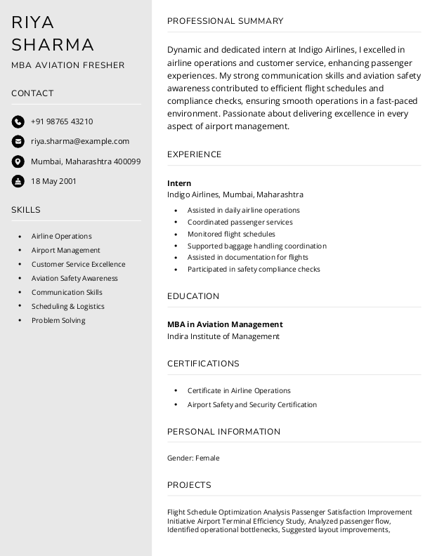 MBA Aviation fresher Resume Format Free Download in Word