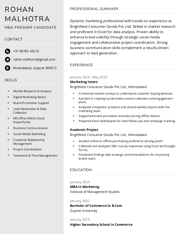MBA Fresher Resume Format and Template in Word