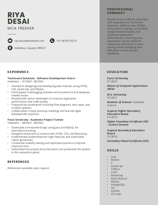 MCA Fresher Resume Format and Template in Word