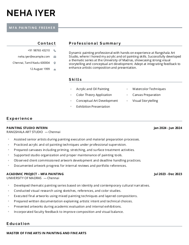 MFA Painting Fresher Resume Format to Download & Edit in Word