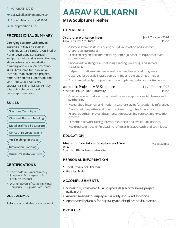 MFA Sculpture Fresher Resume Format to Download & Edit in Word