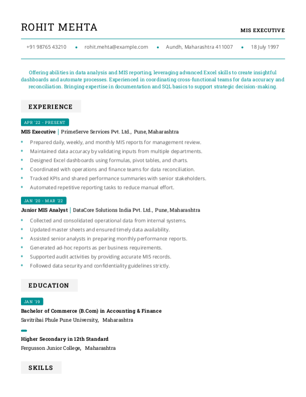 MIS Executive Resume Format Free Download in Word