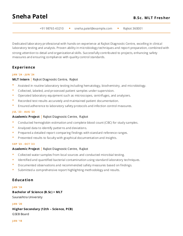 MLT Fresher Resume Format and Template in Word
