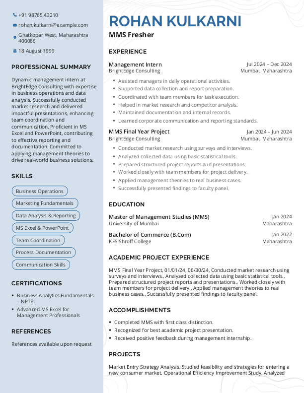 MMS fresher Resume Format Free Download in Word