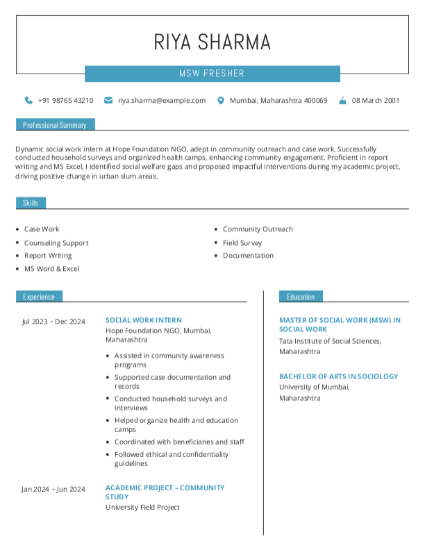 MSW Fresher Resume Format Free Download in Word