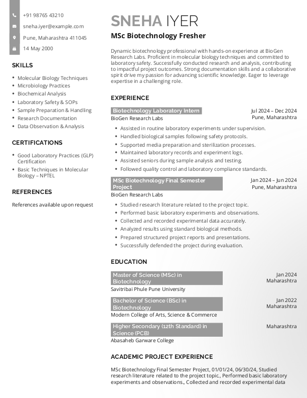 MSc Biotechnology fresher Resume Format Free Download in Word
