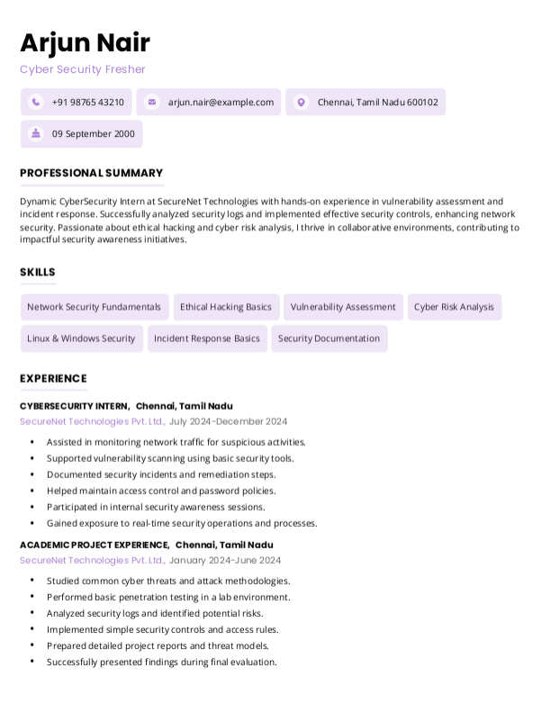 MSc CyberSecurity Fresher Resume Format Free Download in Word
