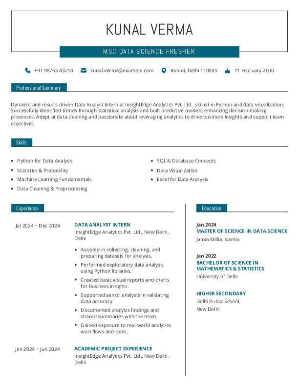 MSc DataScience Fresher Resume Format Free Download in Word