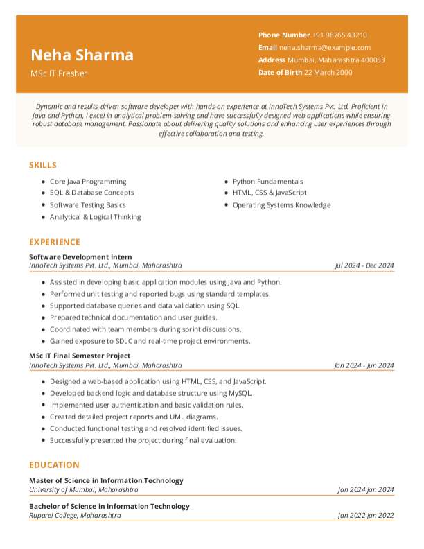 MSc IT Fresher Resume Format Free Download in Word