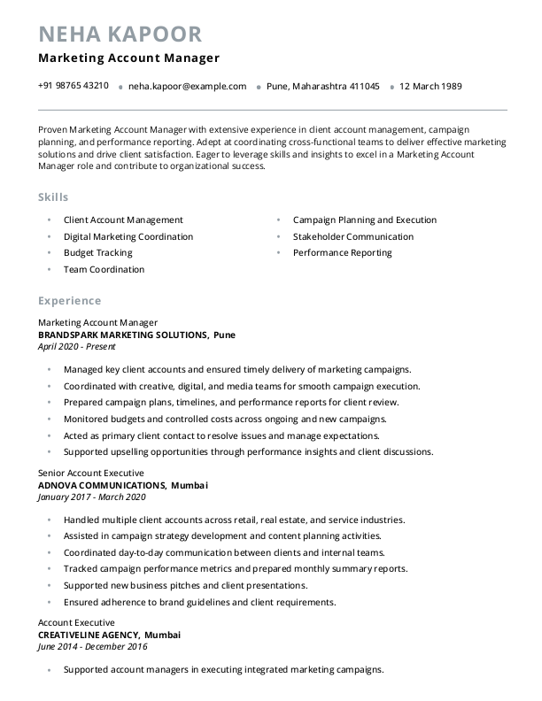Marketing Account Manager Resume example to Download & Edit in Word