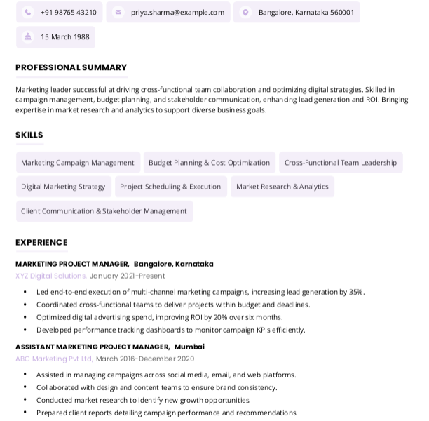 Marketing Project Manager Resume Format Free Download in Word