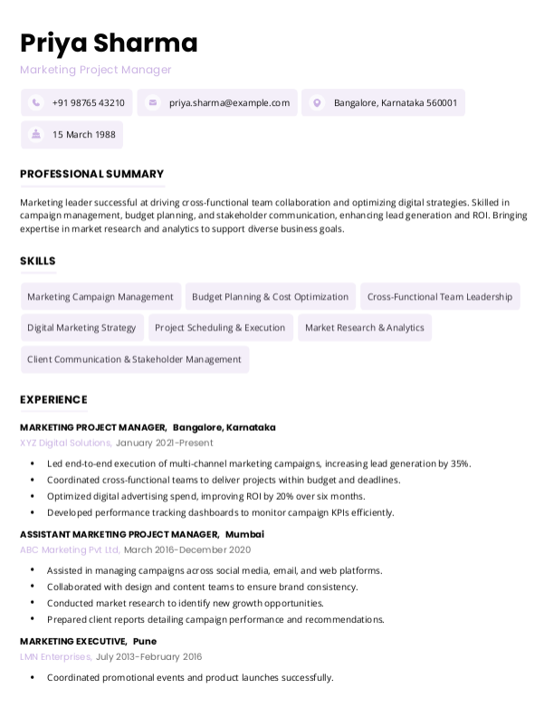 Marketing Project Manager Resume Format Free Download in Word
