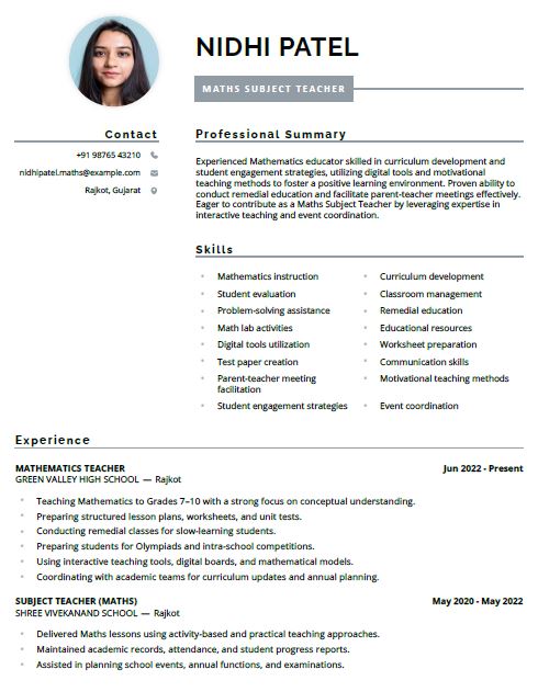 Maths Teacher Free Resume Template and Example – Download in Word