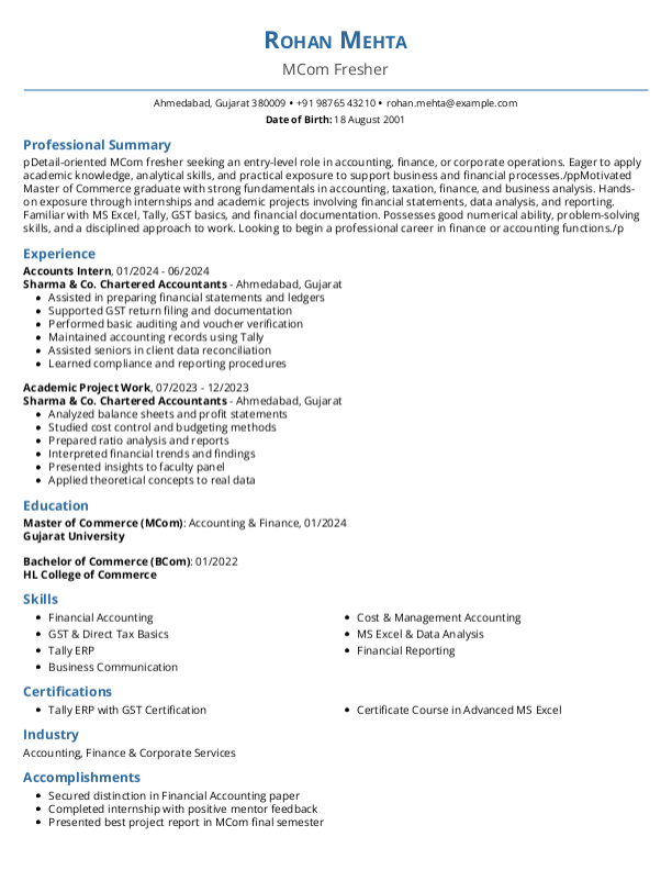 Mcom Fresher Resume Format Free Download in Word