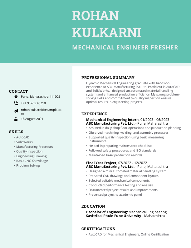 Mechanical Engineer Fresher Resume Format Free Download in Word