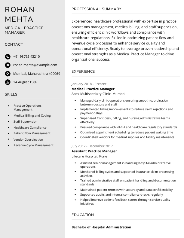 Medical Practice Manager Resume format to Download & Edit in Word