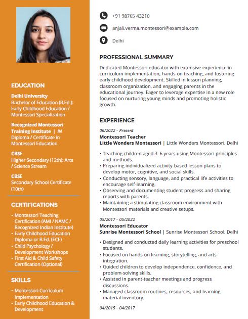 Montessori Teacher Free Resume Template and Example– Download in Word