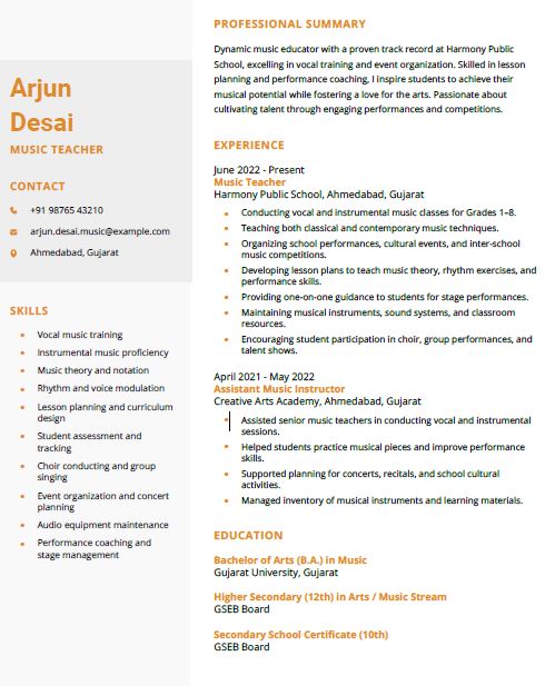 Music Teacher Free Resume Template and Example – Download in Word