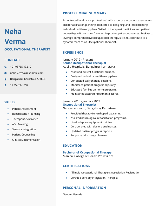 Occupational Therapist Resume format to Download & Edit in Word