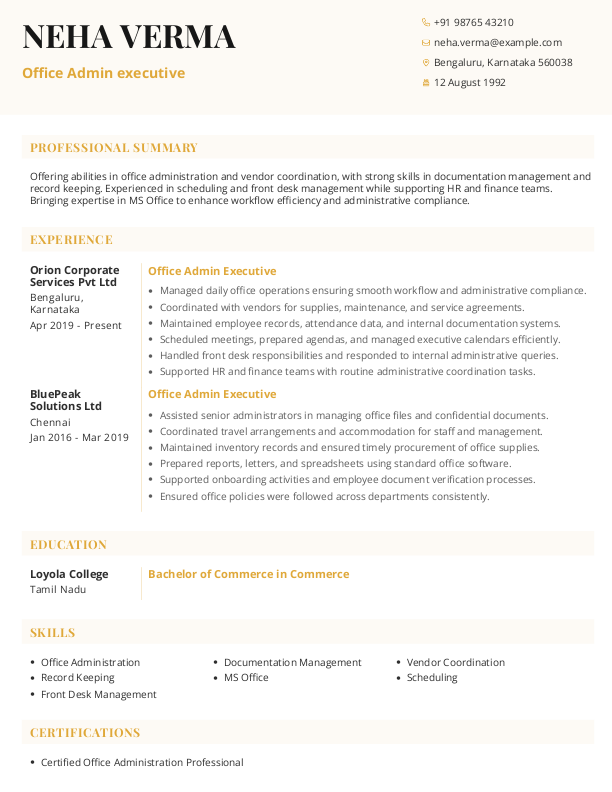Office Admin executive Resume example to Download & Edit in Word
