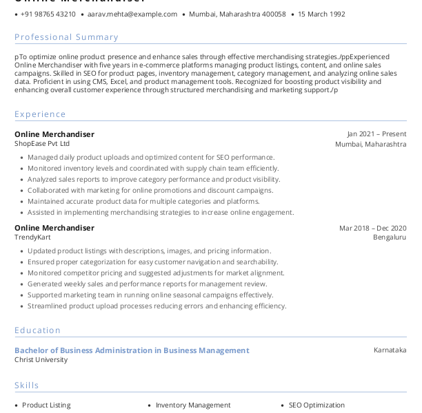 Online Merchandiser Resume example to Download & Edit in Word