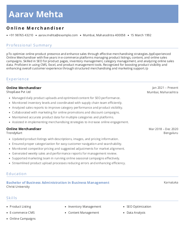 Online Merchandiser Resume example to Download & Edit in Word