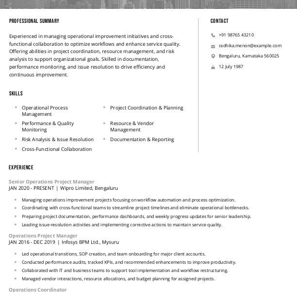 Operations Project Manager Resume Format Free Download in Word