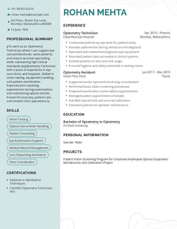 Optometry Technician Resume format to Download & Edit in Word