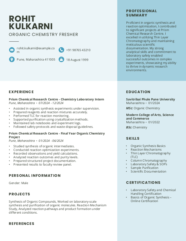 Organic Chemistry fresher Resume Format Free Download in Word