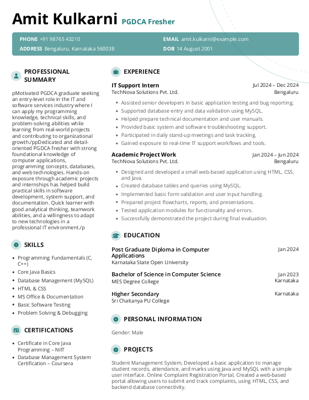 PGDCA Fresher Resume Format Free Download in Word