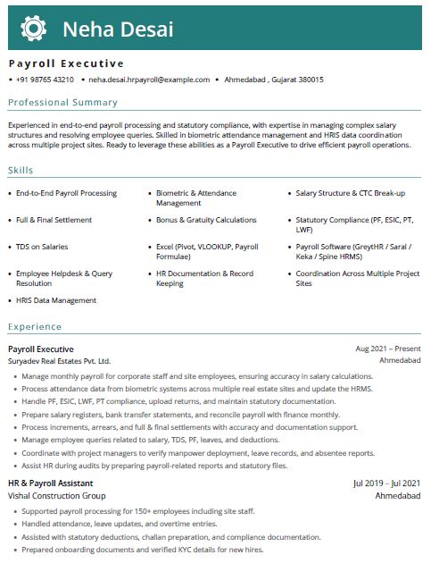 Finance Payroll Executive Resume Format Free Download in Word