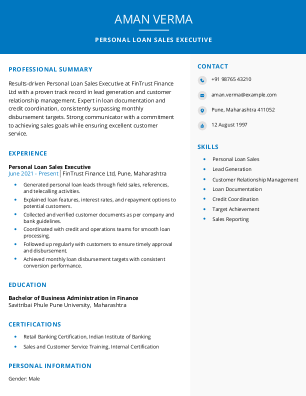 Personal Loan Sales executive Resume example to Download & Edit in Word